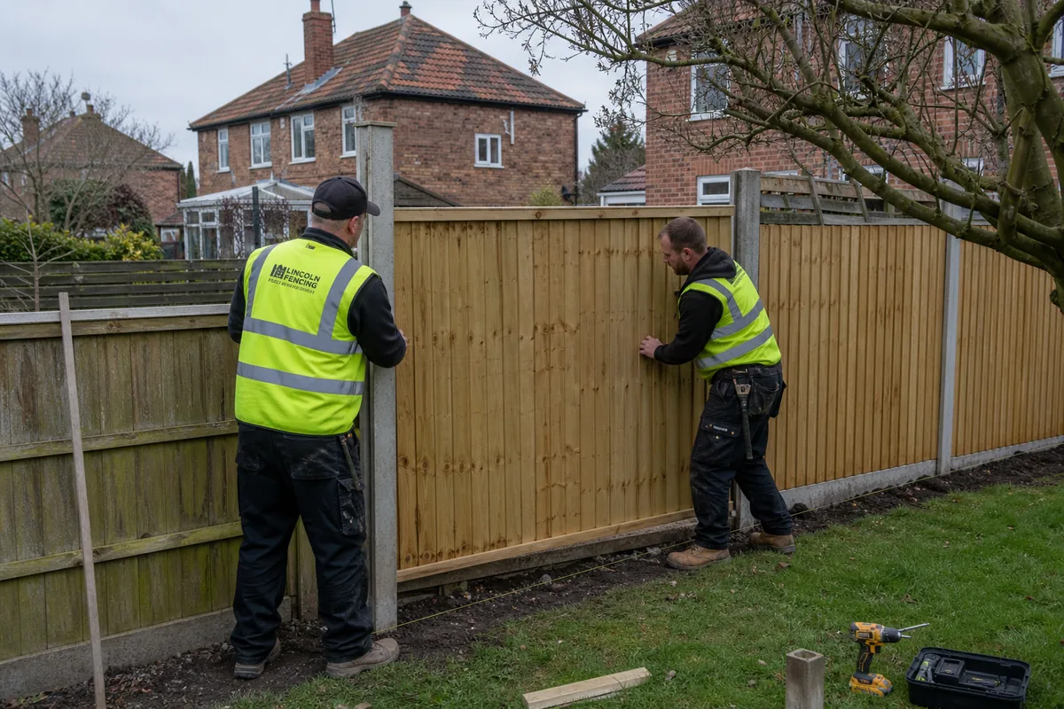 Fencing installation team working on a garden boundary in Lincoln
