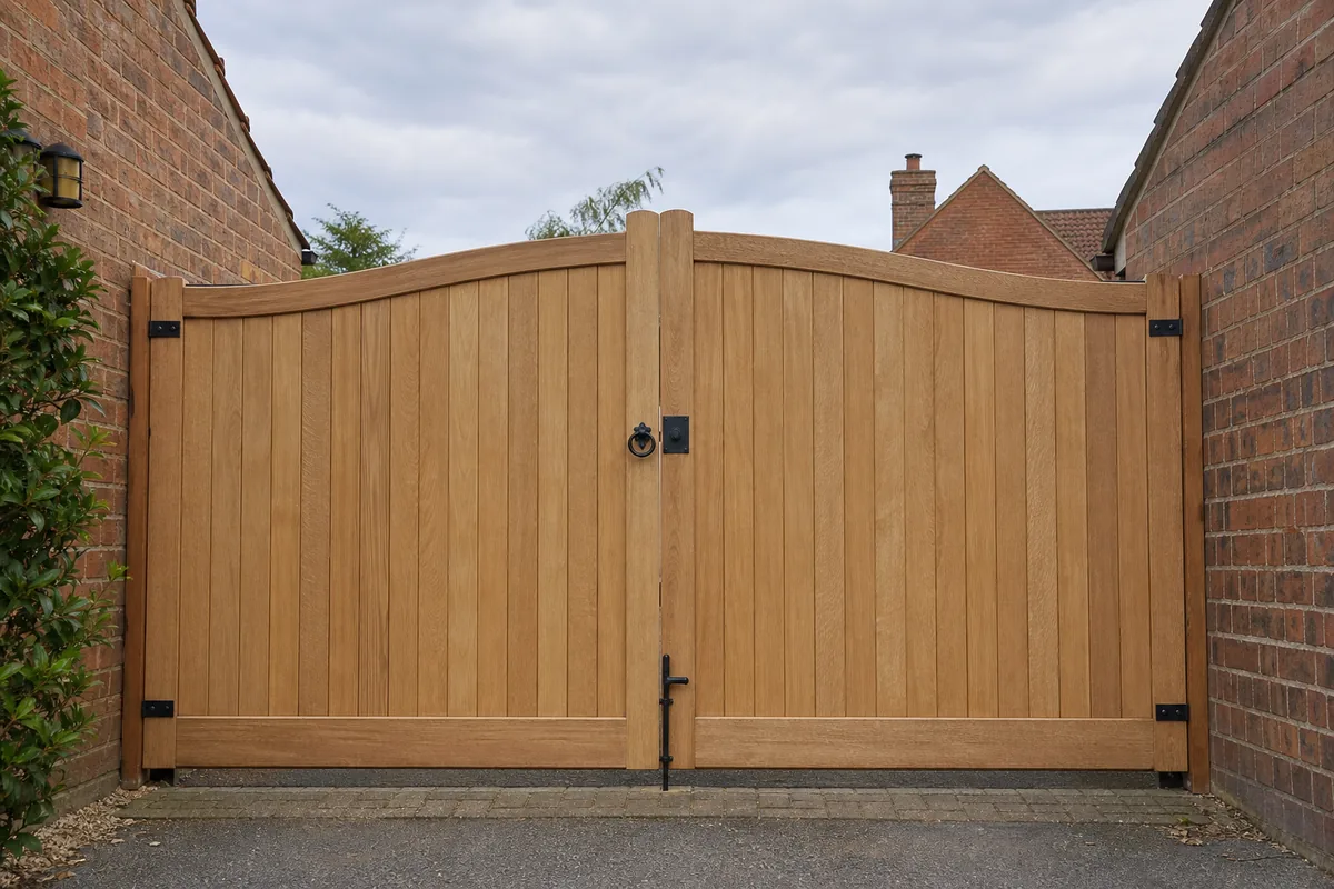Wooden double gates fitted to match a fence line in Waddington